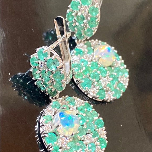 Fascinating Genuine Emerald Fire Opal Earrings - Picture 16 of 17